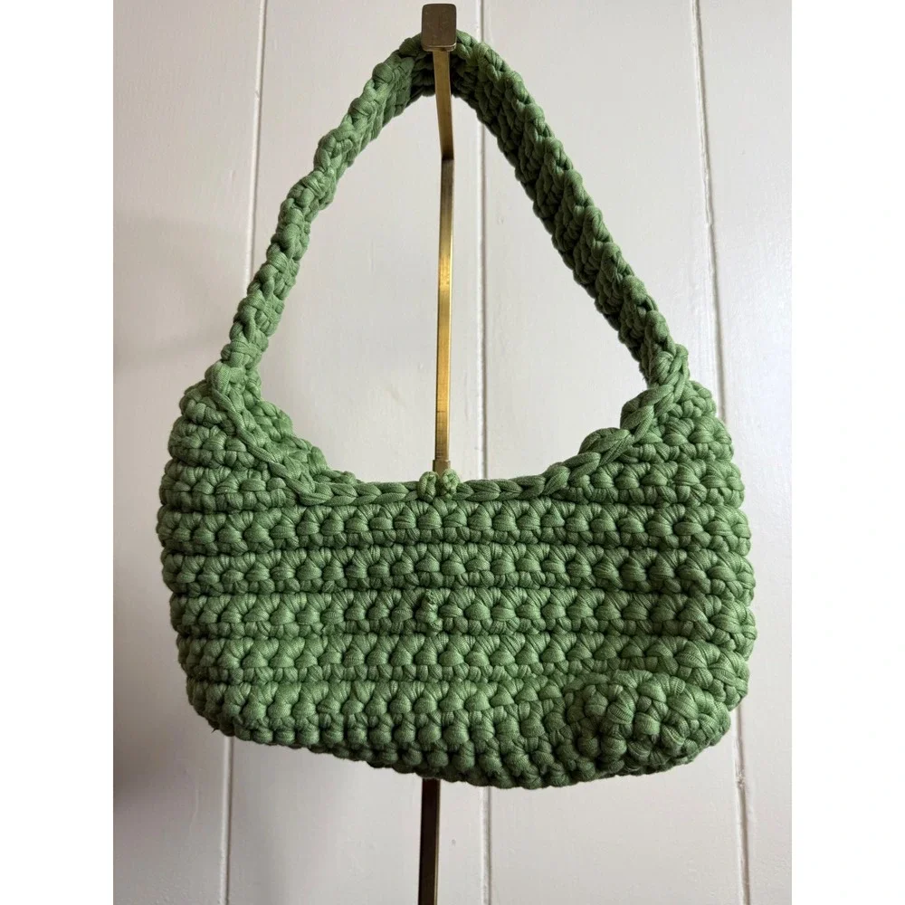 Crochet Shoulder Bag Women's Green Knitted Purse Wooden Button Closure Hobo